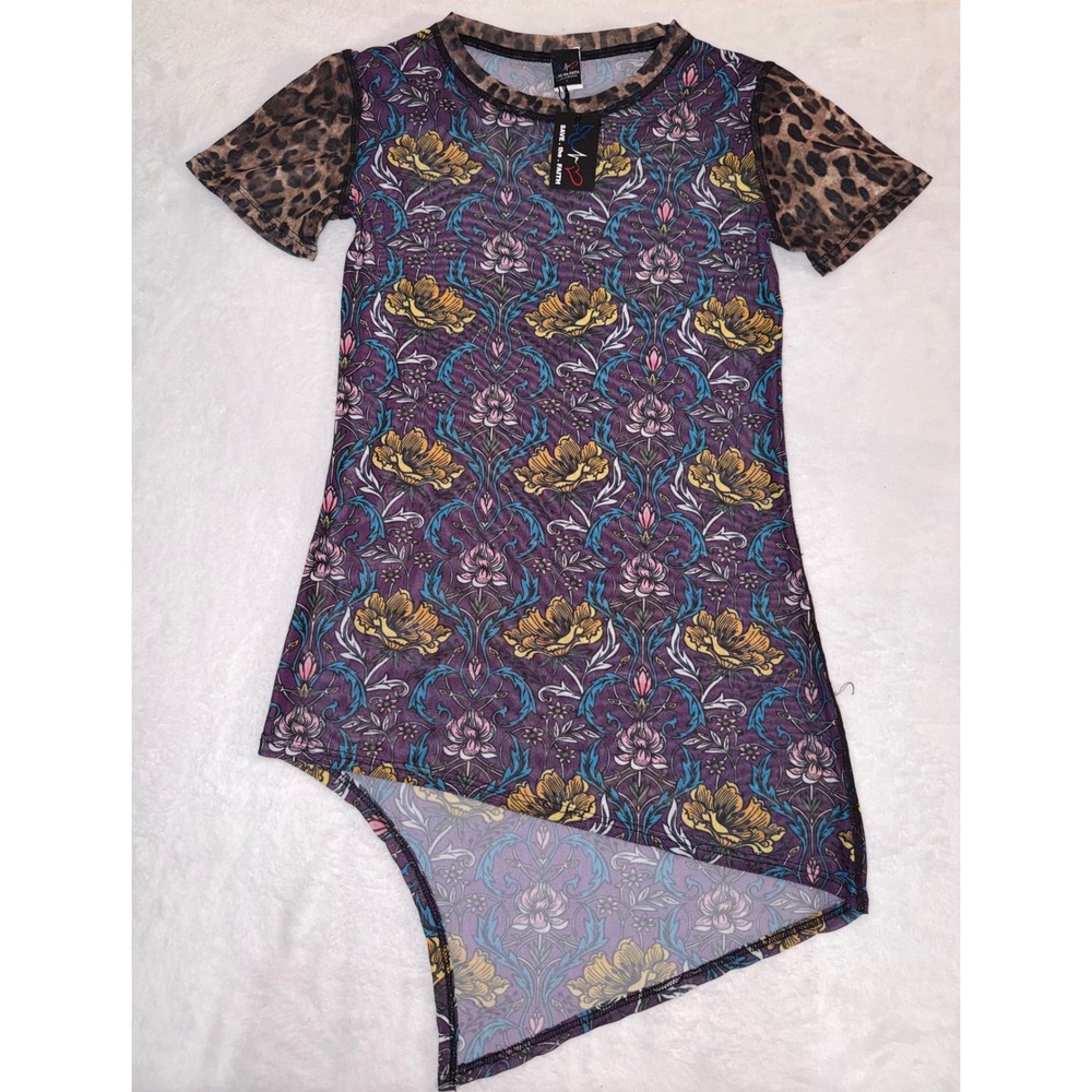 Save the Faith Womens Mesh Tunic Top Floral‎ Leopard Asymmetric Hem Small NWT